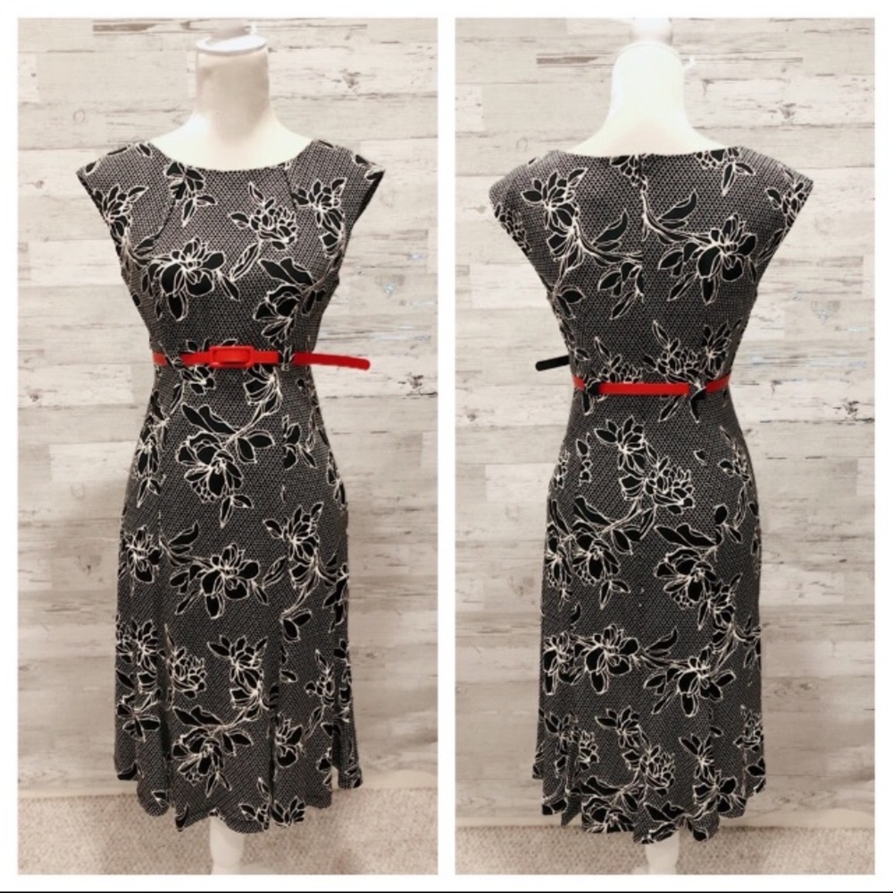 Black and White Floral Dress with Red Accent Belt